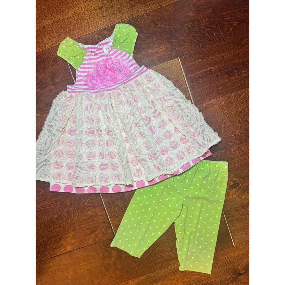 Molly & Millie Girls Pink Green Striped Polka Dot Lace Rosette 2pc Outfit Set 3T